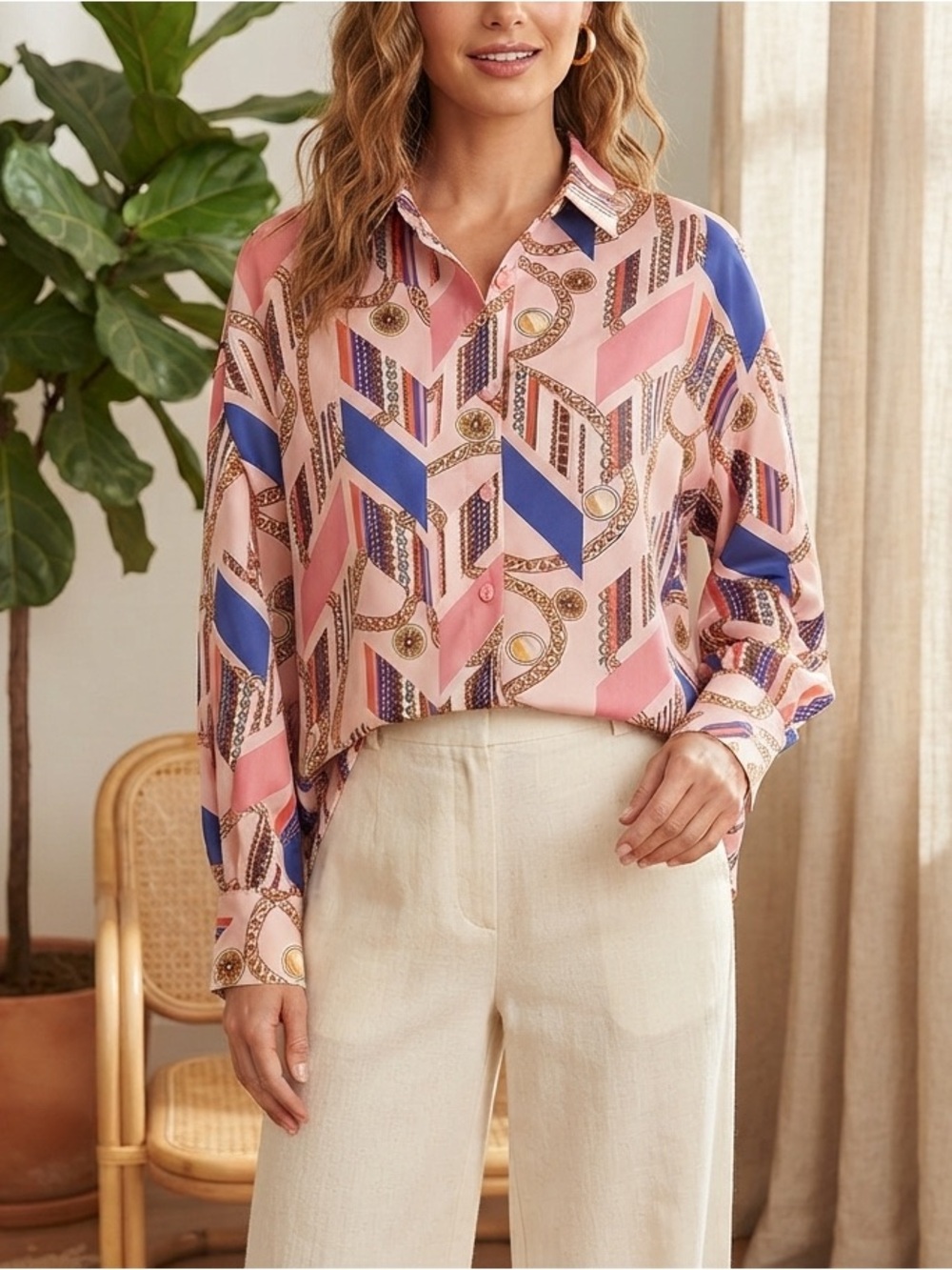 NWT FATE Pink Blue Retro Chain Link Geometric Button Down Blouse Shirt M❤️